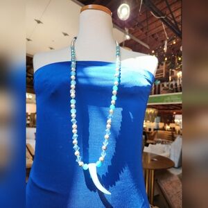 Opalite, Agate, Vtg Silvertone Beaded Necklace - Handcrafted